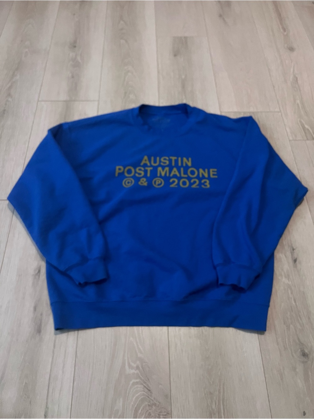 Blue Graphic Crewneck Sweatshirt with Gold Text
